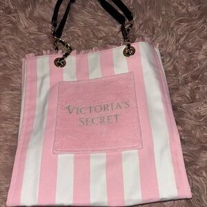 Pink Victoria Secret striped tote bag